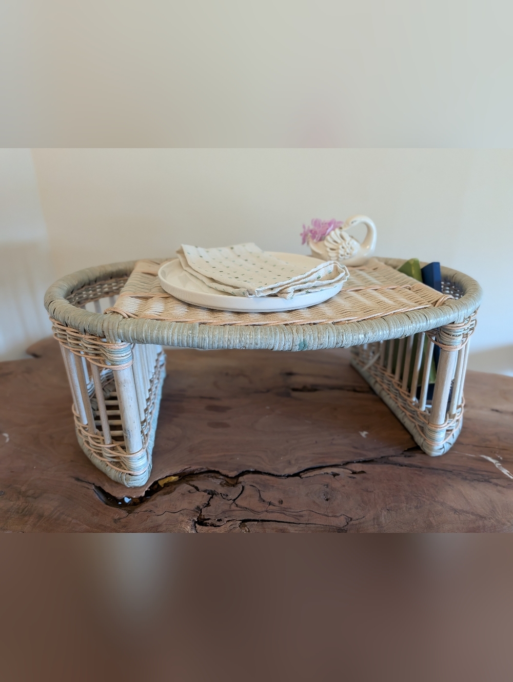 Vintage Rattan Bed Tray Table | Bamboo Accents